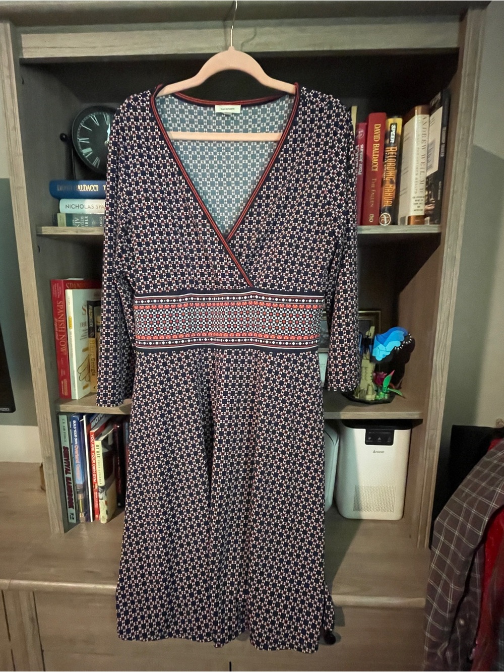 Max Studio Navy and White Geometric Wrap-Style Dress with coral Trim